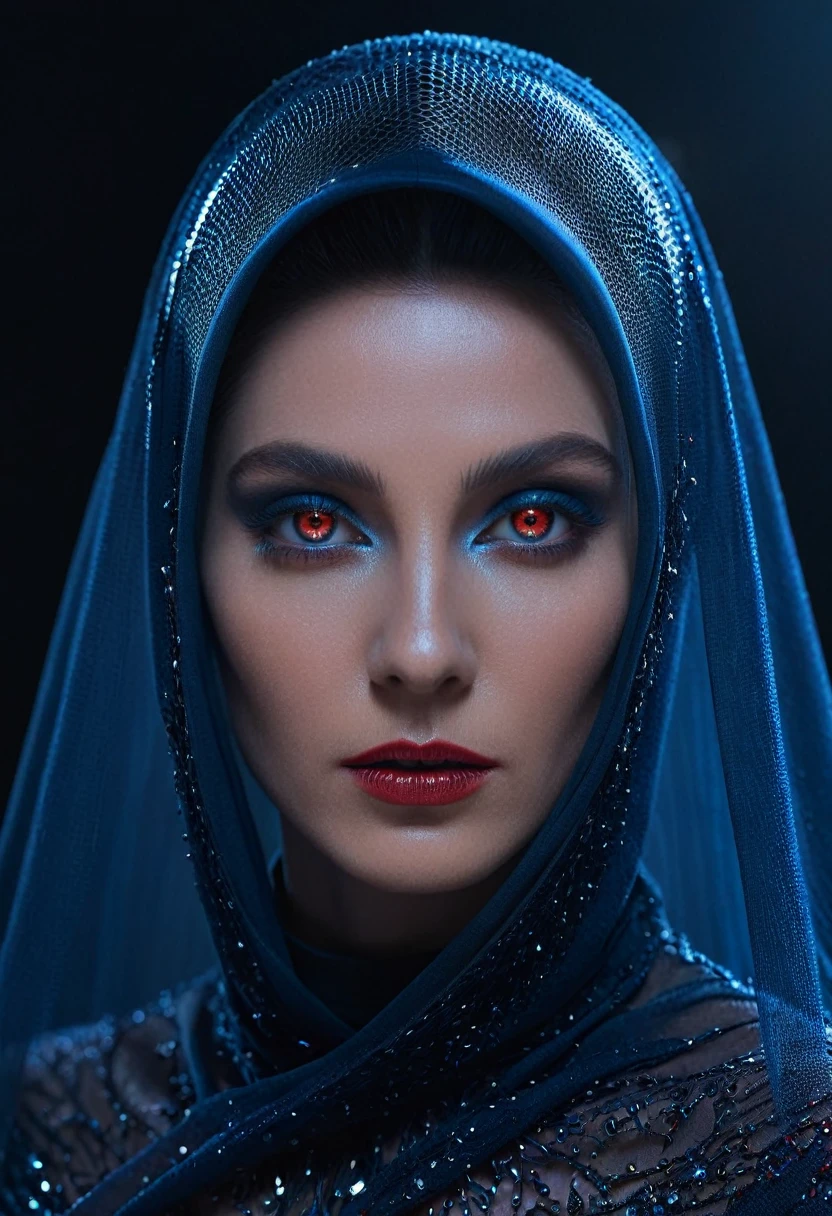 Fashionable portrait of androgynous alien looking witch wearing veil, glowing eyes, futuristic design, minimal details, givenchy, photoreal, 200mm, hd, f/ 2.0, highly detailed, surreal , drop dead, in the style of red and blue, (intricate details, hyperdetailed:1.15) (skin texture:1.2), cinematic, professional, 4k, dynamic model pose,