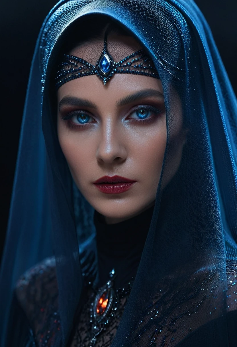 Fashionable portrait of androgynous alien looking witch wearing veil, glowing eyes, futuristic design, minimal details, givenchy, photoreal, 200mm, hd, f/ 2.0, highly detailed, surreal , drop dead, in the style of red and blue, (intricate details, hyperdetailed:1.15) (skin texture:1.2), cinematic, professional, 4k, dynamic model pose,