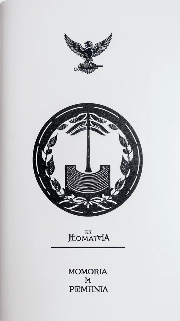 A minimal, modern, simple, cinematic logotype for the brand “Penamemoria". The logotype must be a simple, magical feather and a boy playing acoustic guitar. The logo must convey a sense of music, stories and dreams. Logo design impressed on a book cover. Minimalistic logo