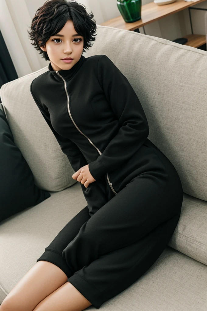 Izuku Midoriya female version with a complete black rabbit suit, short hair, bright green eyes, somewhat blushing, lying on the couch