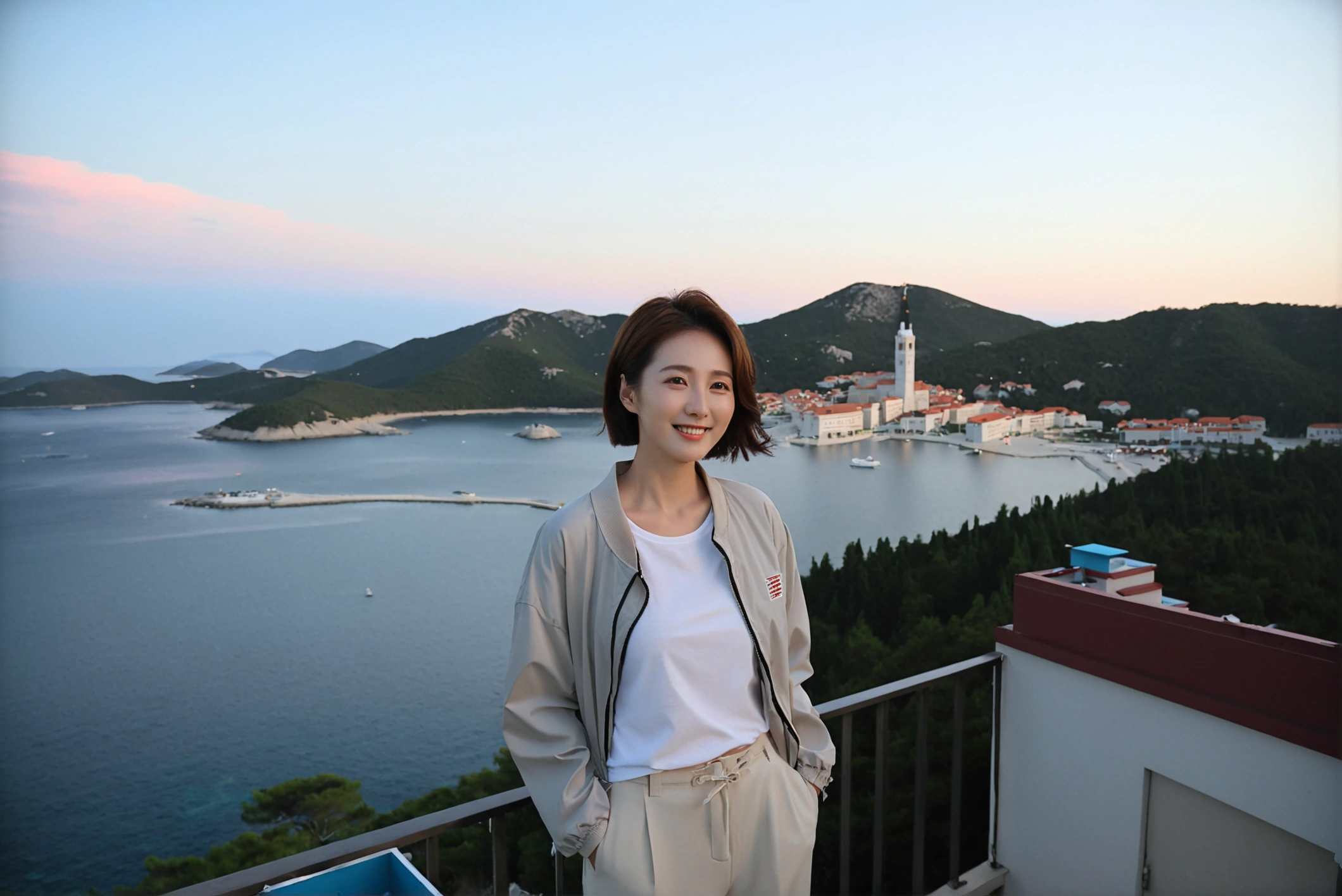 k Best picture quality, Beautiful 36-year-old Korean woman, You have good skin and big and pretty eyes.... Chest size 34 inches, Short hair and hair blowing in the wind, Wear a high-end, luxury windbreaker over your t-shirt.. beige casual pants, i am smiling. The Croatia background is realistic and vivid quality.. Standing in a hotel overlooking the sea. the background is clear, Short and slim Korean woman