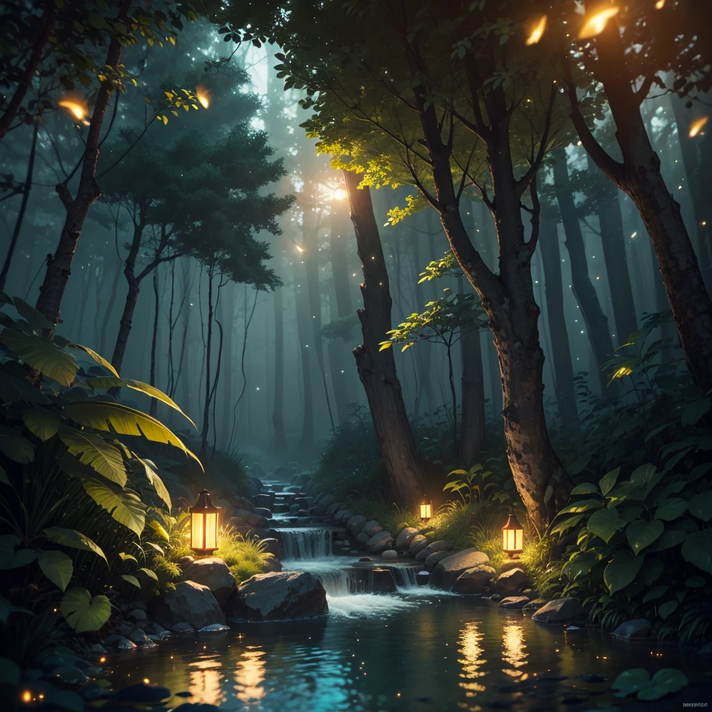 Masterpiece, best quality, (very detailed CG unity 8k wallpaper), (best quality), (best illustration), (best shadows), glow sprite, with a glowing deer, in the swimming pool Drinking water, natural elements in the forest theme. Mysterious forest, beautiful forest, nature, surrounded by flowers, delicate leaves and branches surrounded by fireflies (natural elements), (jungle theme), (leaves), (twigs), (fireflies), (particle effects) etc. 3D , Octane rendering, ray tracing, super detailed