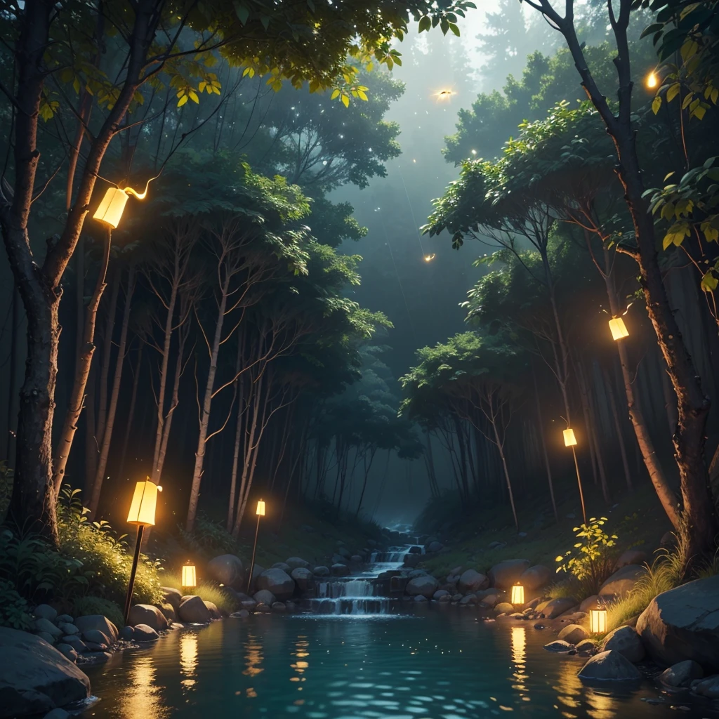 Masterpiece, best quality, (very detailed CG unity 8k wallpaper), (best quality), (best illustration), (best shadows), glow sprite, with a glowing deer, in the swimming pool Drinking water, natural elements in the forest theme. Mysterious forest, beautiful forest, nature, surrounded by flowers, delicate leaves and branches surrounded by fireflies (natural elements), (jungle theme), (leaves), (twigs), (fireflies), (particle effects) etc. 3D , Octane rendering, ray tracing, super detailed