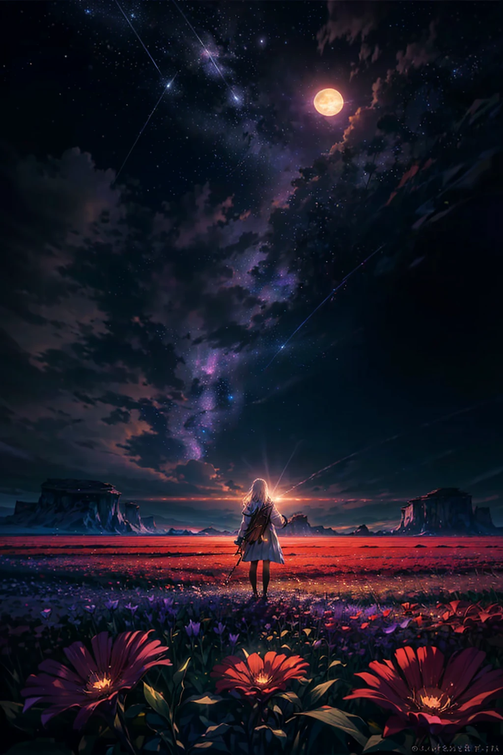 expansive landscape photography, (a bottom view showing the sky above and open country below), a girl standing in a field of flowers looking up, (full moon: 1.2), (shooting stars: 0.9), (nebula : 1.3), distant mountain, BREAK tree production art, (warm light source: 1.2), (Firefly: 1.2), lamp, lots of purple and orange, intricate details, volumetric lighting, BREAK realism (masterpiece: 1.2) , (best quality), 4k, ultra-detailed, (dynamic compositing: 1.4), highly detailed, colorful details, (iridescent colors: 1.2), (bright lighting, atmospheric lighting), dreamy, magical, (solo: 1.2)