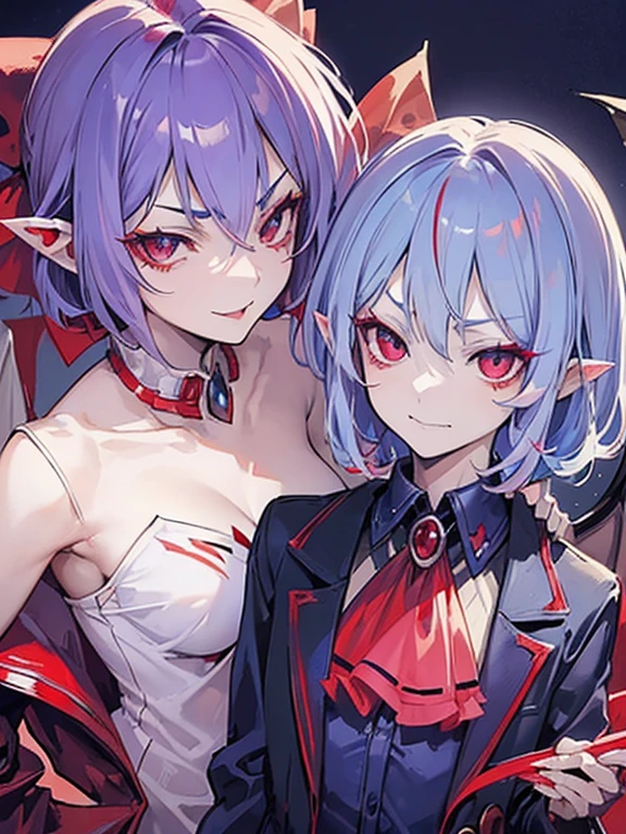A short hair dark purple hair girl with red eye. She is a half vampire and she wear prince looking type of cloth. She is 165 cm and have small . She look handsome