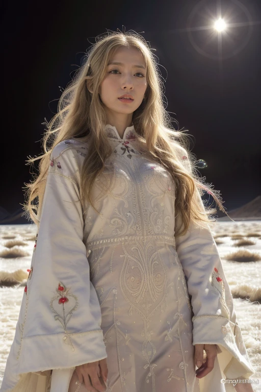 absurd, high resolution, (Official Art, beautiful and aesthetic:1.2), (myopia:1.15), (1 Girl, blonde, Very long hair, Delicate eyes, Bright Eyes, Embroidered national costumes:1.2) ，Night, (Uyuni Salt Flats:1.2), (Fractal Art:0.8),