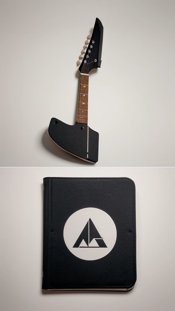 A minimal, modern, simple, cinematic logotype for the brand “Penamemoria". The logotype must be a simple, magical feather and a boy playing acoustic guitar. The logo must convey a sense of music, stories and dreams. Logo design impressed on a book cover. Minimalistic logo
