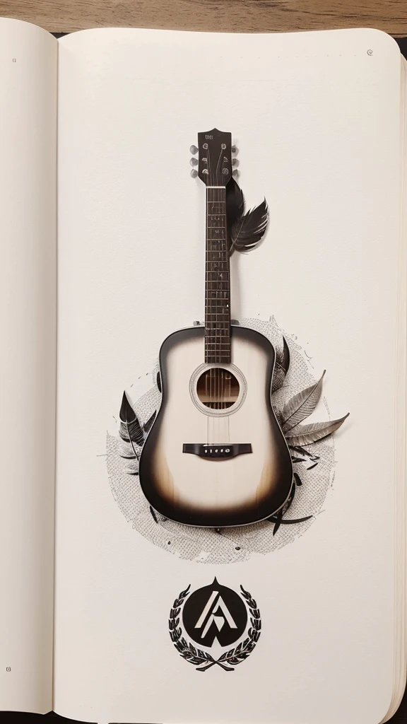 A minimal, modern, simple, cinematic logotype for the brand “Penamemoria". The logotype must be a simple, magical feather and a boy playing acoustic guitar. The logo must convey a sense of music, stories and dreams. Logo design impressed on a book cover. Minimalistic logo
