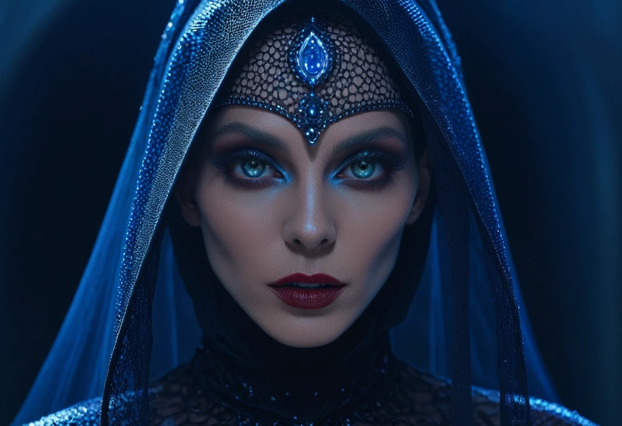 Fashionable portrait of androgynous alien looking witch wearing veil, glowing eyes, futuristic design, minimal details, givenchy, photoreal, 200mm, hd, f/ 2.0, highly detailed, surreal , drop dead, in the style of red and blue, (intricate details, hyperdetailed:1.15) (skin texture:1.2), cinematic, professional, 4k, dynamic model pose,