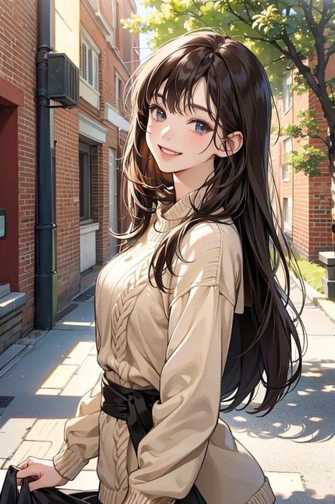 host face, sexy face, high quality, with dark brown long hair and bangs, smiling brightly and warmly. She is wearing a beige cable-knit sweater. The setting is outdoors in front of a red-brick building, possibly a school or university, with a clear, sunny day creating a natural light. The overall atmosphere is bright, cheerful, and friendly. The style should be detailed, glossy, and idealized in the manner of Japanese manga or anime.