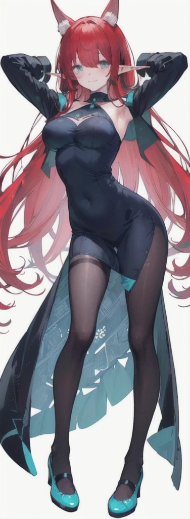 (long beautiful red hair) cyan eyes, (Eyes behind long bangs) big breasts, using accessories (using socks) perfect shiny beautiful cyan shoes (Wearing a dark blue bodycon dress with smooth, thin, shiny, short fabric) Pose facing sideways (Girl1, straight hair not too long, bangs covering one eye, soft face, gentle smile) long red hair, beautiful cyan eyes (Free pose, right hand down, left hand down, ((Free pose))smile kawai, (blank white background), Kawai shy cute eyes (cyan colored shoes must be shiny, (image according to tag) Long ears like an elf (elegant)