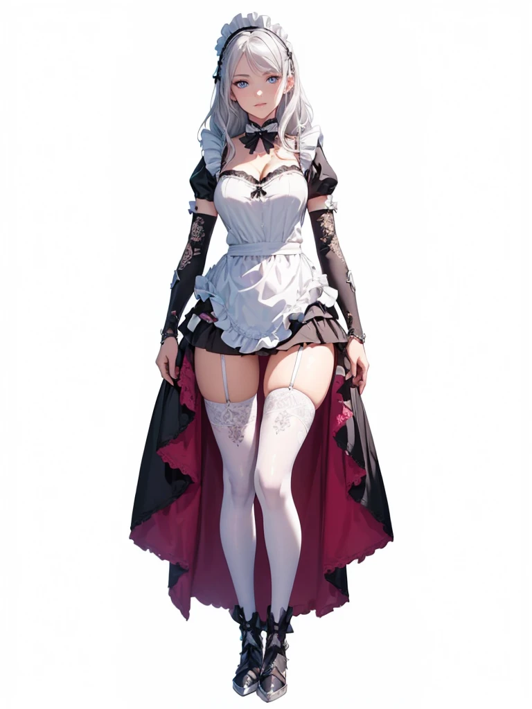 ((1girl, solo)), mature female, beautiful body, (perfect anatomy, perfect body, perfect hands, perfect legs), (five fingers:1.5), natural proportions, sexy body, large breasts, cowboy shot, (legs apart:1.3) ((full body, full body front)) BREAK 

((extremely detailed face)), (beautiful detailed eyes:1.6), (realistic pupils, realistic iris:1), expressive eyes, looking at viewer, (clear eyes:1.3), (hyperrealistic:1.2), (detailed skin texture:1.2), smooth skin, golden eyes, (silver hair:1.5), long hair, (detailed lips:1.2), (attractive lips:1.1), (glossy lips:1.1), (smile), perfect face, perfect eyes BREAK

maid, ((maid outfit)), maid headdress, maid apron, frills, (mini dress:1.5), cleavage, detached collar, bow, fantasy armor, black armor, (arm guard:1.3), armor gloves, juliet sleeves, zettai ryouiki, thighs, ((black thighhighs)), (greaves:1.5), armored boots BREAK

(masterpiece:1.5), anime-style, top quality, best quality, (beautiful and aesthetic:1.2), (ultra detail:1.5), Ultra-detailed depiction, Ultra-precise depiction, extremely detailed 8k illustration, high resolution, (highly detailed shading:1.2), (realistic lighting:1.4), perfect lighting, vibrant colors, dynamic tones, striking hues, 8k, absurd resolution, perfect shadows, hdr, UHD, ambient lighting, realistic, ultra-realistic, photo realistic, highly detailed, rich detail, luminous colors, fine texture, intricate design, professional illustration, (soft light:1.2), (illustration:0.7)