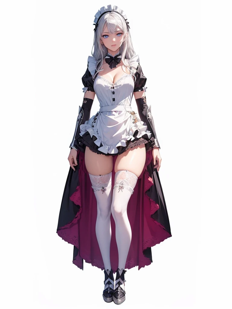 ((1girl, solo)), mature female, beautiful body, (perfect anatomy, perfect body, perfect hands, perfect legs), (five fingers:1.5), natural proportions, sexy body, large breasts, cowboy shot, (legs apart:1.3) ((full body, full body front)) BREAK 

((extremely detailed face)), (beautiful detailed eyes:1.6), (realistic pupils, realistic iris:1), expressive eyes, looking at viewer, (clear eyes:1.3), (hyperrealistic:1.2), (detailed skin texture:1.2), smooth skin, golden eyes, (silver hair:1.5), long hair, (detailed lips:1.2), (attractive lips:1.1), (glossy lips:1.1), (smile), perfect face, perfect eyes BREAK

maid, ((maid outfit)), maid headdress, maid apron, frills, (mini dress:1.5), cleavage, detached collar, bow, fantasy armor, black armor, (arm guard:1.3), armor gloves, juliet sleeves, zettai ryouiki, thighs, ((black thighhighs)), (greaves:1.5), armored boots BREAK

(masterpiece:1.5), anime-style, top quality, best quality, (beautiful and aesthetic:1.2), (ultra detail:1.5), Ultra-detailed depiction, Ultra-precise depiction, extremely detailed 8k illustration, high resolution, (highly detailed shading:1.2), (realistic lighting:1.4), perfect lighting, vibrant colors, dynamic tones, striking hues, 8k, absurd resolution, perfect shadows, hdr, UHD, ambient lighting, realistic, ultra-realistic, photo realistic, highly detailed, rich detail, luminous colors, fine texture, intricate design, professional illustration, (soft light:1.2), (illustration:0.7)