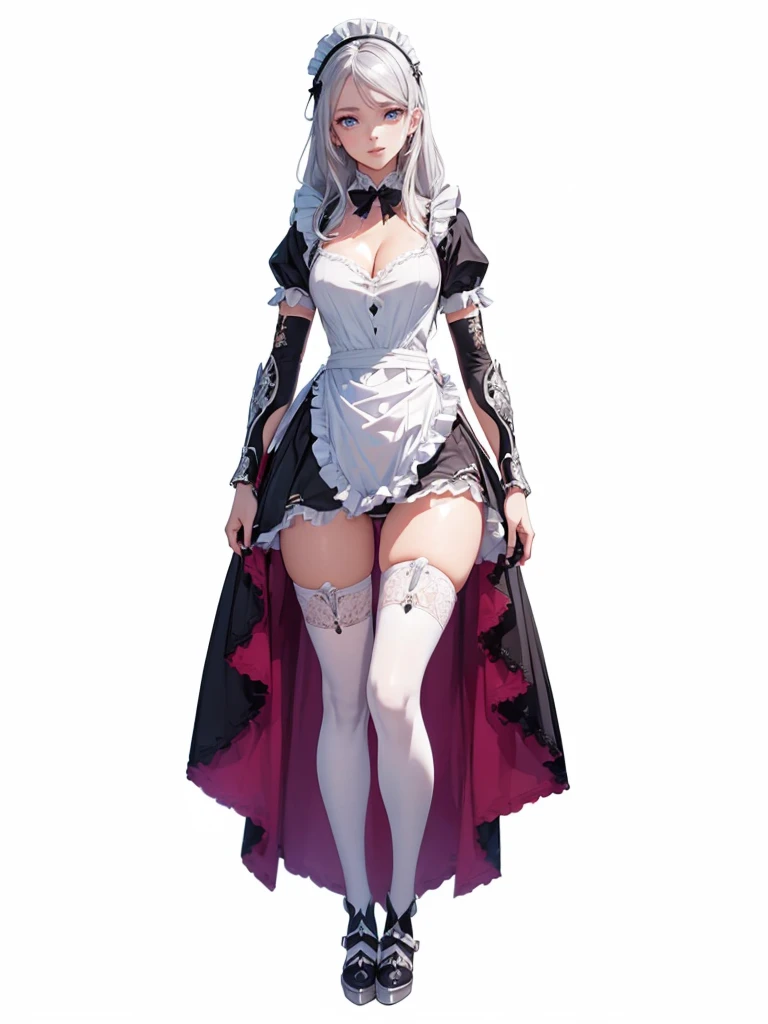 ((1girl, solo)), mature female, beautiful body, (perfect anatomy, perfect body, perfect hands, perfect legs), (five fingers:1.5), natural proportions, sexy body, large breasts, cowboy shot, (legs apart:1.3) ((full body, full body front)) BREAK
((extremely detailed face)), (beautiful detailed eyes:1.6), (realistic pupils, realistic iris:1), expressive eyes, looking at viewer, (clear eyes:1.3), (hyperrealistic:1.2), (detailed skin texture:1.2), smooth skin, golden eyes, (silver hair:1.5), long hair, (detailed lips:1.2), (attractive lips:1.1), (glossy lips:1.1), (smile), perfect face, perfect eyes BREAK
maid, ((maid outfit)), maid headdress, maid apron, frills, (mini dress:1.5), cleavage, detached collar, bow, fantasy armor, black armor, (arm guard:1.3), armor gloves, juliet sleeves, zettai ryouiki, thighs, ((black thighhighs)), (greaves:1.5), armored boots BREAK
(masterpiece:1.5), anime-style, top quality, best quality, (beautiful and aesthetic:1.2), (ultra detail:1.5), Ultra-detailed depiction, Ultra-precise depiction, extremely detailed 8k illustration, high resolution, (highly detailed shading:1.2), (realistic lighting:1.4), perfect lighting, vibrant colors, dynamic tones, striking hues, 8k, absurd resolution, perfect shadows, hdr, UHD, ambient lighting, realistic, ultra-realistic, photo realistic, highly detailed, rich detail, luminous colors, fine texture, intricate design, professional illustration, (soft light:1.2), (illustration:0.7)