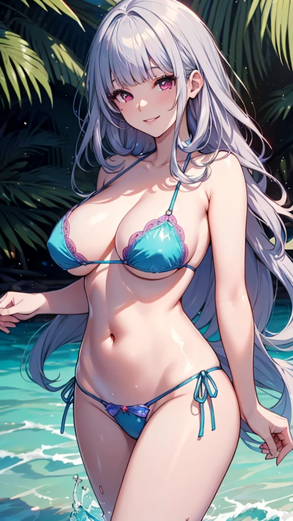 ((Masterpiece, ultra-high definition, ultra-high definition, 8K quality)), 1 beautiful female, (((shining silver shoulder length hair))), (((light waves hair))), (((bangs bangs))) (heart-shaped pupils) (((shining clear red eyes))), ((Very long eyelashes)) () (((light blue sequined micro bikini))), (((light blue thong))) (((very big brny body))), ((charming smile)), ((sexy pose, full b standing)), summer beach