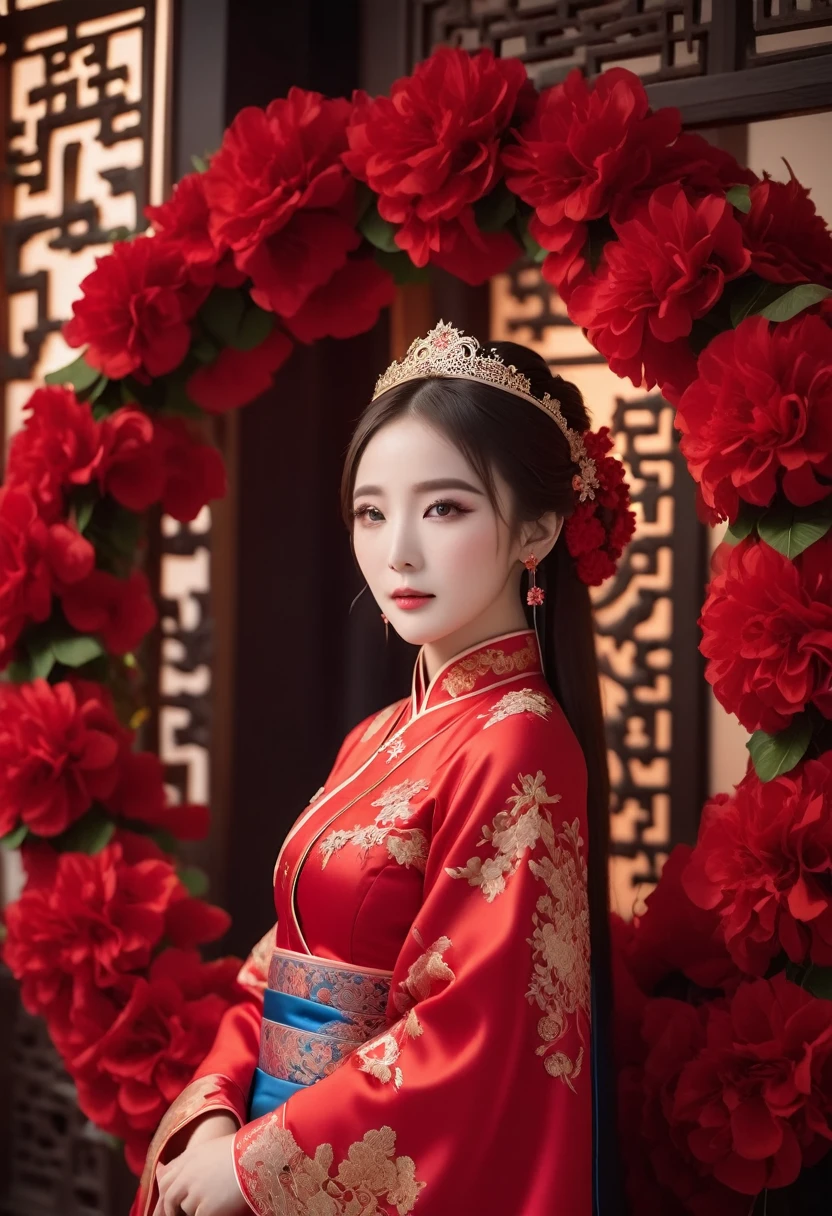 A beautiful bride wearing a traditional Chinese red wedding dress appeared in the mourning hall，Surrounded by wreaths and people in mourning，panoramic，Delicate facial features，Level Screen，Mood Lighting