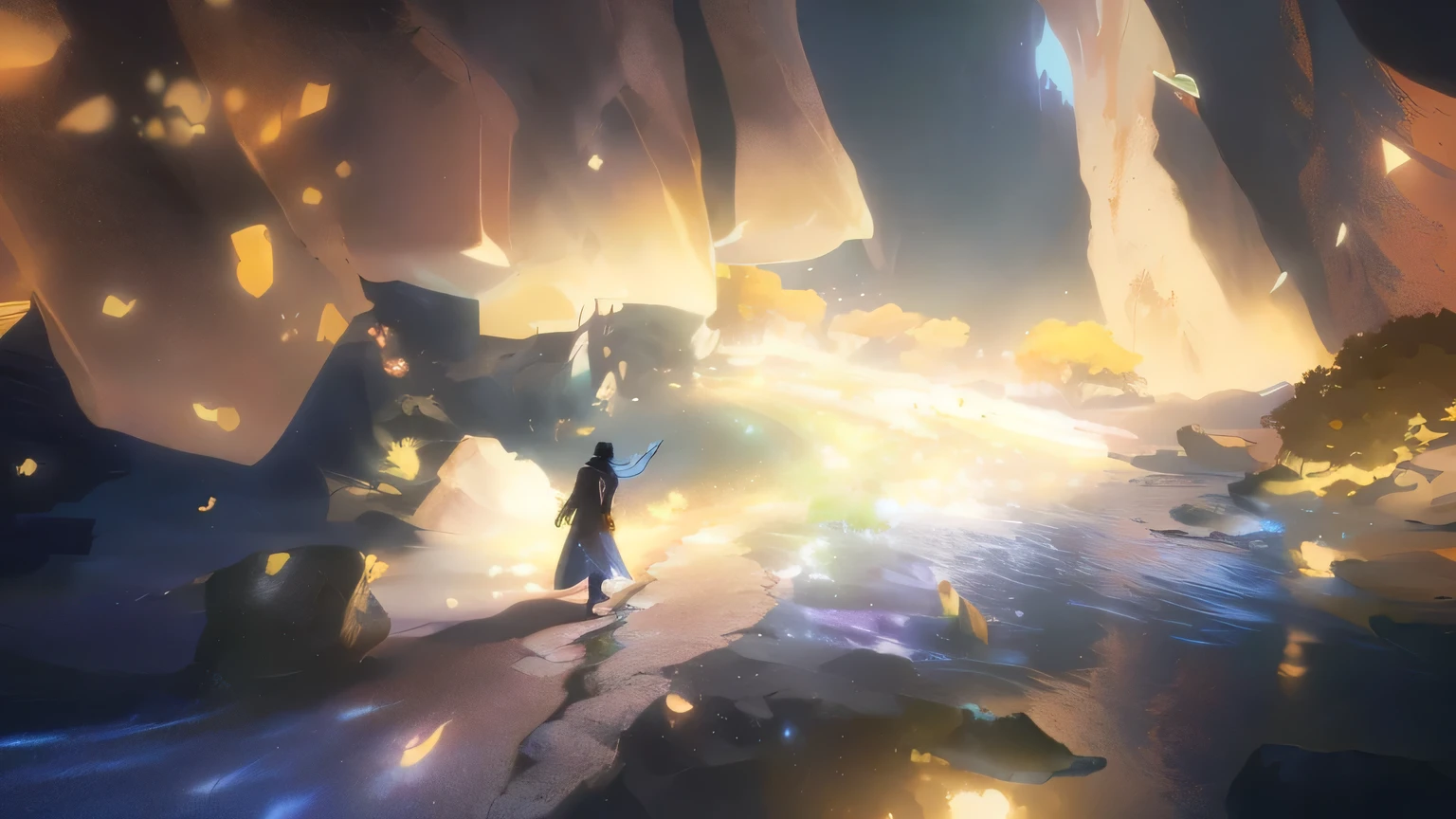 anime scene of a man walking on a path in a cave, concept art magical highlight, makoto shinkai cyril rolando, rossdraws global illumination, dramatic lighting. concept art, cyril rolando and goro fujita, epic concept art. bokeh, magical concept art, atey ghailan 8 k, concept art stunning atmosphere