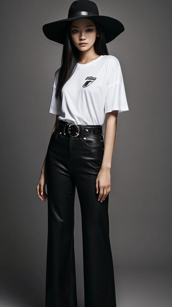 A young Indonesian woman, 25 years old, stands in front of a dark background, wearing a white hat with a wide brim, a black t-shirt with white text and graphics, white pants, and a black belt. the woman is posing with her hand near her face, the brim of the hat. The overall aesthetic is stylish and monochrome with a focus on fashion. photography, realistic, 3d, hd, detailed.