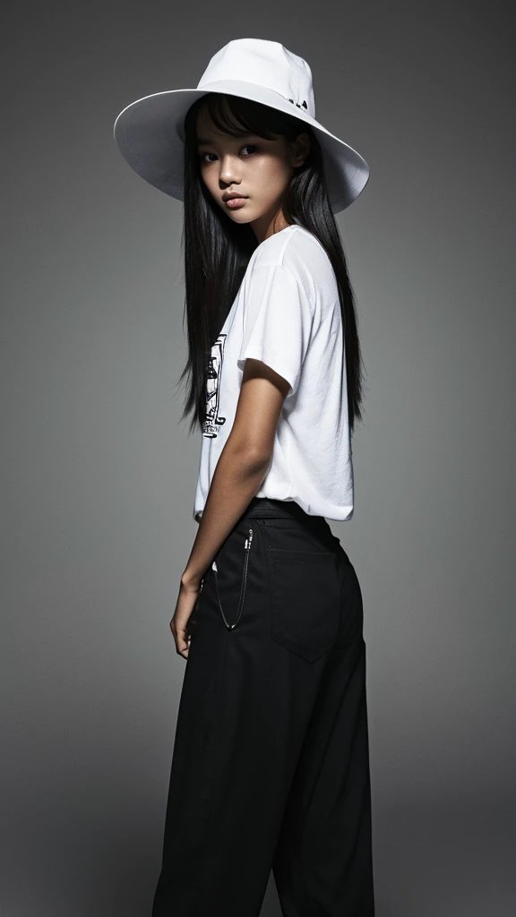 A young Indonesian woman, 25 years old, stands in front of a dark background, wearing a white hat with a wide brim, a black t-shirt with white text and graphics, white pants, and a black belt.  the woman is posing with her hand near her face, the brim of the hat.  The overall aesthetic is stylish and monochrome with a focus on fashion.  photography, realistic, 3d, hd, detailed.