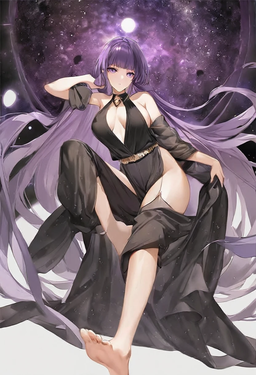 Athena，Extra long purple hair，Purple Eyes，Black one-piece dress，The long jumpsuit is very sexy，barefoot，A black hole in the background universe，Purple black hole