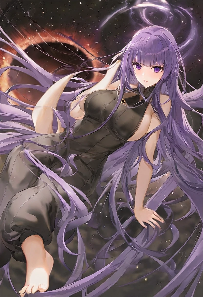 Athena，Extra long purple hair，Purple Eyes，Black one-piece dress，The long jumpsuit is very sexy，barefoot，A black hole in the background universe，Purple black hole