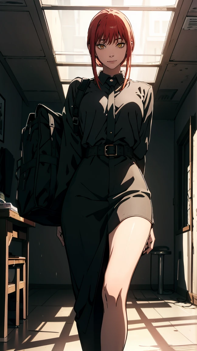 The character Makima from the anime series Chainsaw Man, fragile, full length (Full body 1.1.), dark background, darkness, Correct anatomy 1.1, holds his hands behind his back, correct hand anatomyVery sexy, erotica, very feminine, beautiful figure, legs, buttocks, Beautiful body, red hair, orange eyes, Red circles for schoolchildren, summer dress, sexy pose, realistic, very detailed, Beautiful body, detailed body, detailed hands, detailed, Vibrating, detailed Face, Makima character design. very detailed, detailed body, detailed hands, detailed Face, anime art, Hugh Details, Very downcast face, detailed eyes, Super thin illustration, best shadow, Fine detail, beautiful detailed glow, beautiful detailed, Extraordinarily beautiful, extremely detailed, inexpressive, epic composition, Anime style. anime art anime art, Anime style,