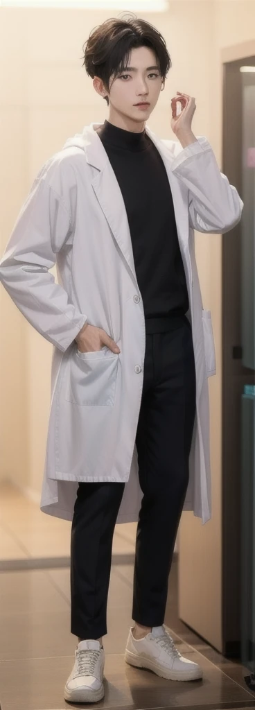 (Fair skin),(know),Iris,(gender: Natural Face),(Japanese),long body,handsome young asian man, Japanese idol style, short clean-cut hair, ((center part)), white lab coat, black hoodie underneath, calm confident expression, hands in lab coat pockets, plain white background, portrait, high quality, detailed, 8K