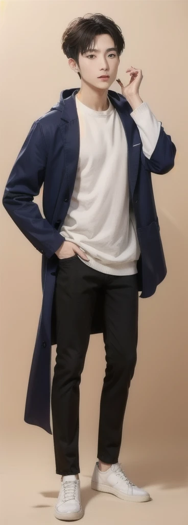 (Fair skin),(know),Iris,(gender: Natural Face),(Japanese),long body,handsome young asian man, Japanese idol style, short clean-cut hair, ((center part)), white lab coat, black hoodie underneath, calm confident expression, hands in lab coat pockets, plain white background, portrait, high quality, detailed, 8K