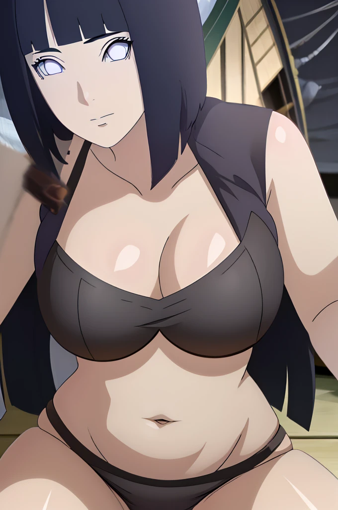 masterpiece, (intricate details), (colorful),cinematic lighting,extremely detailed CG unity 8k wallpaper ,hinata\(boruto\), 1girl,solo, large breasts, (hinata, hyuuga hinata, purple eyes, blunt bangs, black hair) big breasts, perfect breasts, large breasts, round breasts, huge breasts, black bra, bikini top, cleavage, bare shoulders, collarbone, underboob, close shot, portrait, headshot, white backdrop, perfect eyes, glowing eyes, beautiful eyes, black background, top of head