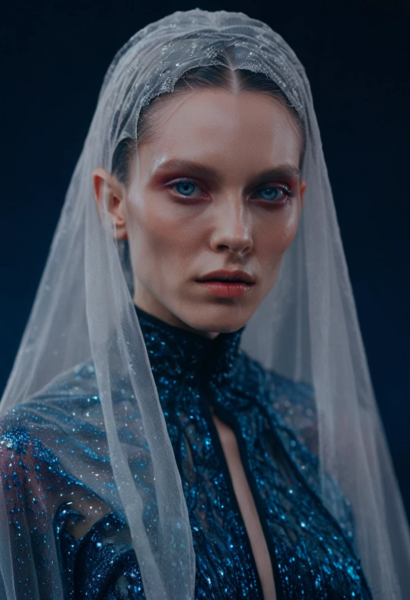 Fashionable portrait of androgynous alien looking witch wearing veil, pale skin, glowing eyes, futuristic design, minimal details, givenchy, photoreal, 200mm, hd, f/ 2.0, highly detailed, surreal , drop dead, in the style of red and blue, (intricate details, hyperdetailed:1.15) (skin texture:1.2), cinematic, professional, 4k, dynamic model pose,