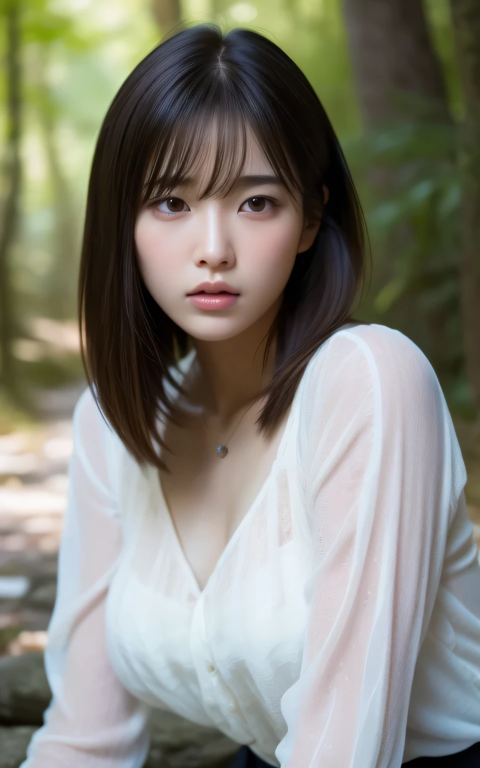 (Photo realistic:1.4), (Surreal:1.4), (Smooth lighting:1.05), 1 Girl, (sad:1.4), Open your mouth a little, Pure beauty, 22 years old, Soft lighting, Backlight, (Top quality real texture skins), I narrowed my eyes., Super detailed face, Glowing Skin, retina, Anatomically correct, Acura, Super detailed, Textured skin, high quality, Attention to detail, 最high quality, High resolution,Morning forest with clear water flowing through it, Medium length hair swaying in the wind, bangs, blouse