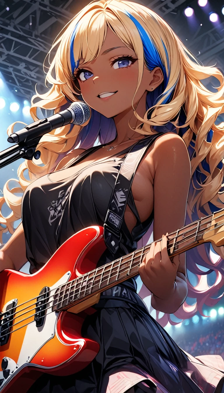 (highest quality:1.2, Very detailed, up to date, Vibrant, Ultra-high resolution, High Contrast, masterpiece:1.2, highest quality, Best aesthetics), Portraiture、girl、slim, stage、performance、Rock Music、Bright colors、Beautiful fine details、Beautiful lip detail、extra short hair, ((wavy hair:1.3))、messy hair, blonde and blue ((streaked hair:1.5)), highlights hair: 1.3, middium breast, (tan skin:1.3), Music band、Cheerful pose、Concert Light、Edgy Style、black tank top、Dynamic Movement、hypnotic sounds、Stadium、amplifier、Loud music、Electric bass、playing bass hard, Fender bass, mike stand, Powerful vocals、Passionate performance、Sparkling stage、Concert atmosphere、Music Festival、Full of emotion、Rock star attitude、Resolute expression、Avid Fan、The presence of an attractive stage、 Expressive gestures、Rock star aura、An exciting atmosphere、Sing with all your heart、An unforgettable show。cowboy shot