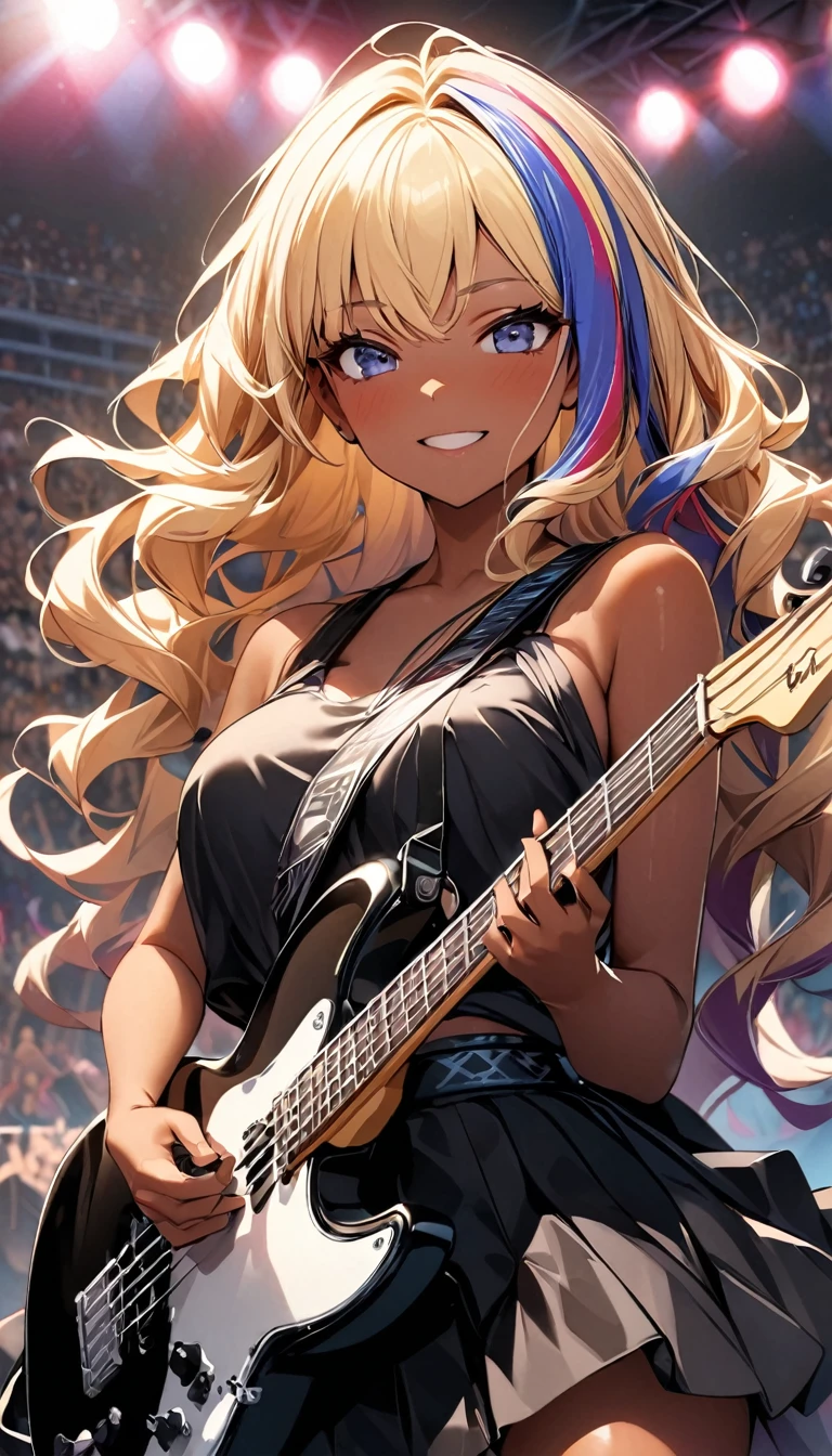 (highest quality:1.2, Very detailed, up to date, Vibrant, Ultra-high resolution, High Contrast, masterpiece:1.2, highest quality, Best aesthetics), Portraiture、girl、slim, stage、performance、Rock Music、Bright colors、Beautiful fine details、Beautiful lip detail、extra short hair, ((wavy hair:1.3))、messy hair, blonde and blue ((streaked hair:1.5)), highlights hair: 1.3, middium breast, (tan skin:1.3), Music band、Cheerful pose、Concert Light、Edgy Style、black tank top、Dynamic Movement、hypnotic sounds、Stadium、amplifier、Loud music、Electric bass、playing bass hard, Fender bass, mike stand, Powerful vocals、Passionate performance、Sparkling stage、Concert atmosphere、Music Festival、Full of emotion、Rock star attitude、Resolute expression、Avid Fan、The presence of an attractive stage、 Expressive gestures、Rock star aura、An exciting atmosphere、Sing with all your heart、An unforgettable show。cowboy shot