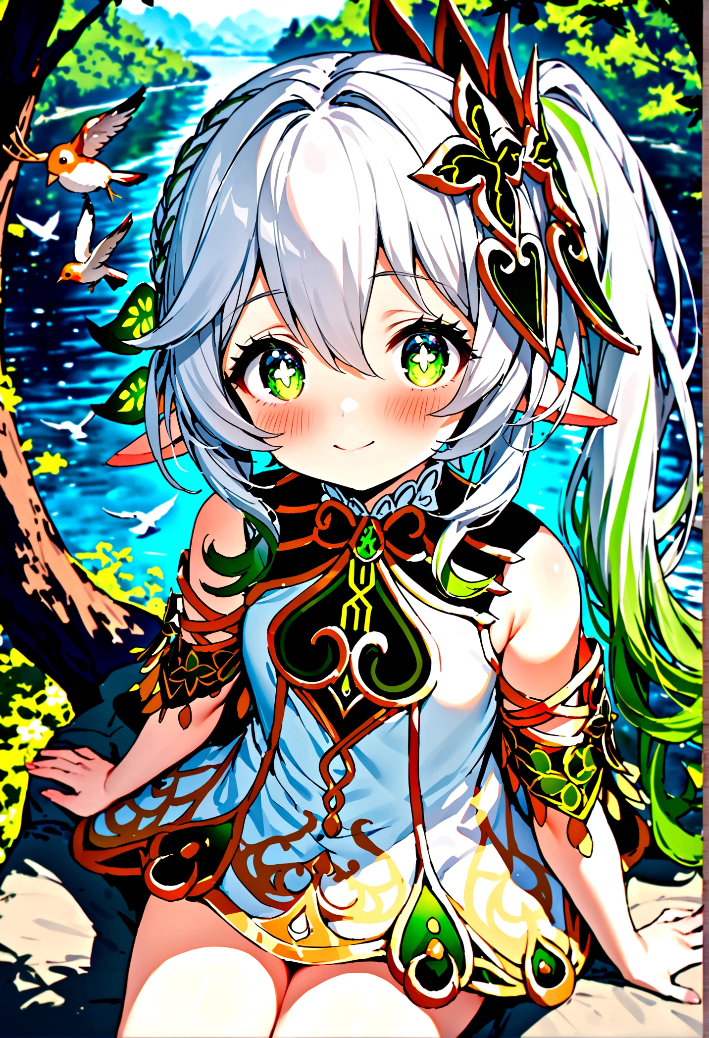 NSFW,masterpiece,Highest quality,High resolution,Super detailed,Nahida \(genshin impact\)、Green Eyes、dress、白いdress、Pointed Ears、Cruciform pupil、Symbol-shaped pupil、+ +、Side Ponytail、Long Hair、White Hair、Multicolored Hair、hair ornaments,blush,Expecting face,smile,in the forest,lake,Sitting,From above,birdie,deer