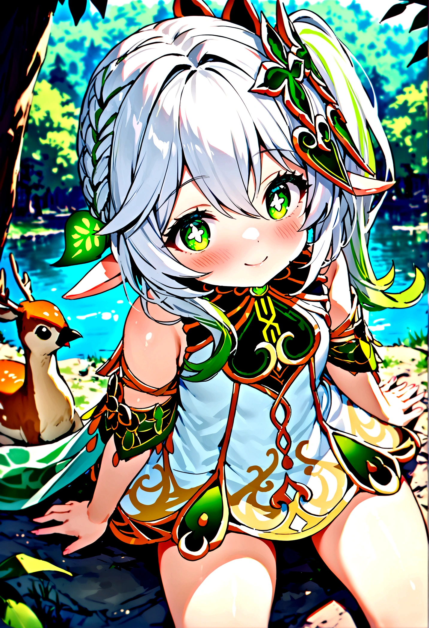 NSFW,masterpiece,Highest quality,High resolution,Super detailed,Nahida \(genshin impact\)、Green Eyes、dress、白いdress、Pointed Ears、Cruciform pupil、Symbol-shaped pupil、+ +、Side Ponytail、Long Hair、White Hair、Multicolored Hair、hair ornaments,blush,Expecting face,smile,in the forest,lake,Sitting,From above,birdie,deer