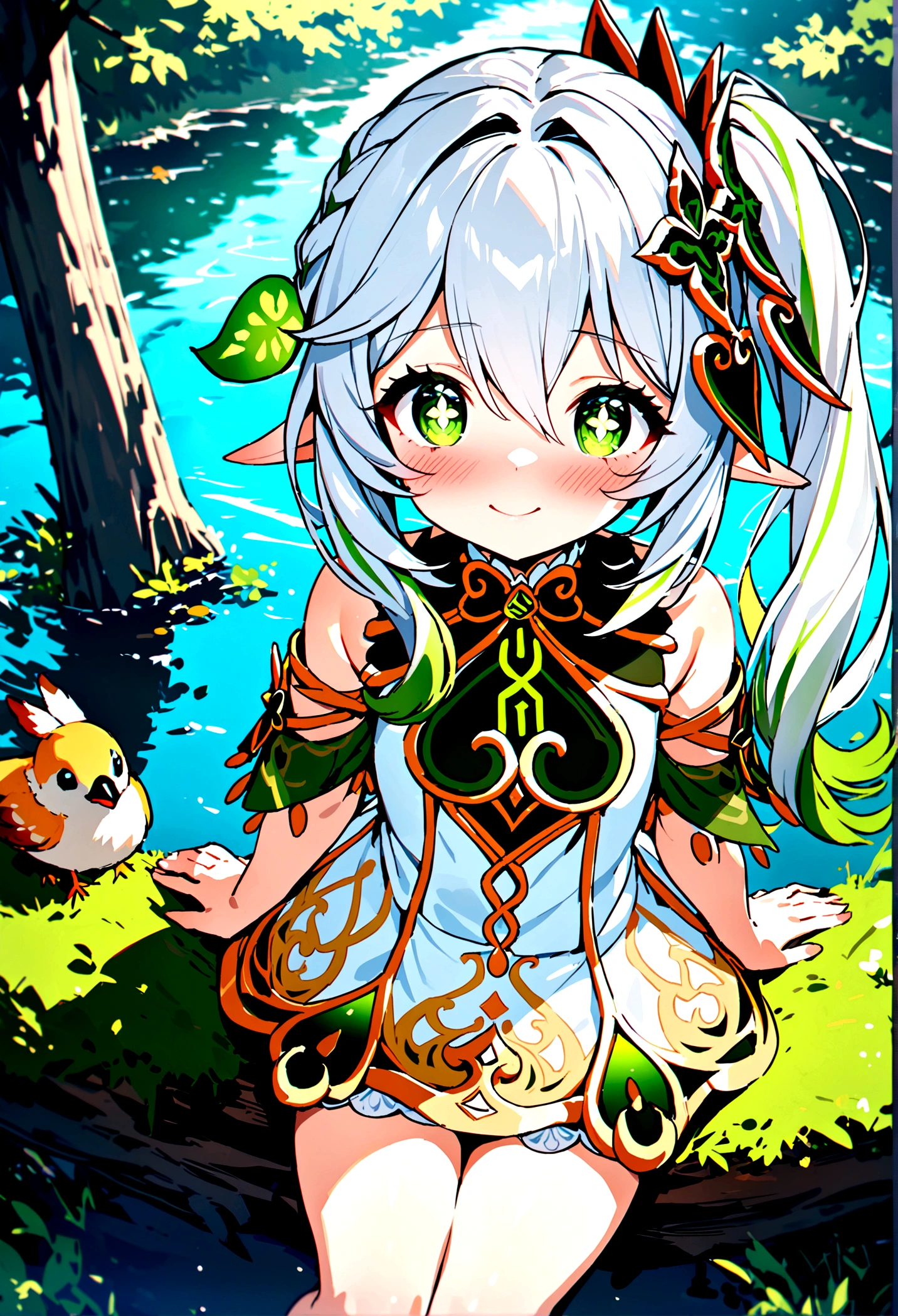 NSFW,masterpiece,Highest quality,High resolution,Super detailed,Nahida \(genshin impact\)、Green Eyes、dress、白いdress、Pointed Ears、Cruciform pupil、Symbol-shaped pupil、+ +、Side Ponytail、Long Hair、White Hair、Multicolored Hair、hair ornaments,blush,Expecting face,smile,in the forest,lake,Sitting,From above,birdie,deer