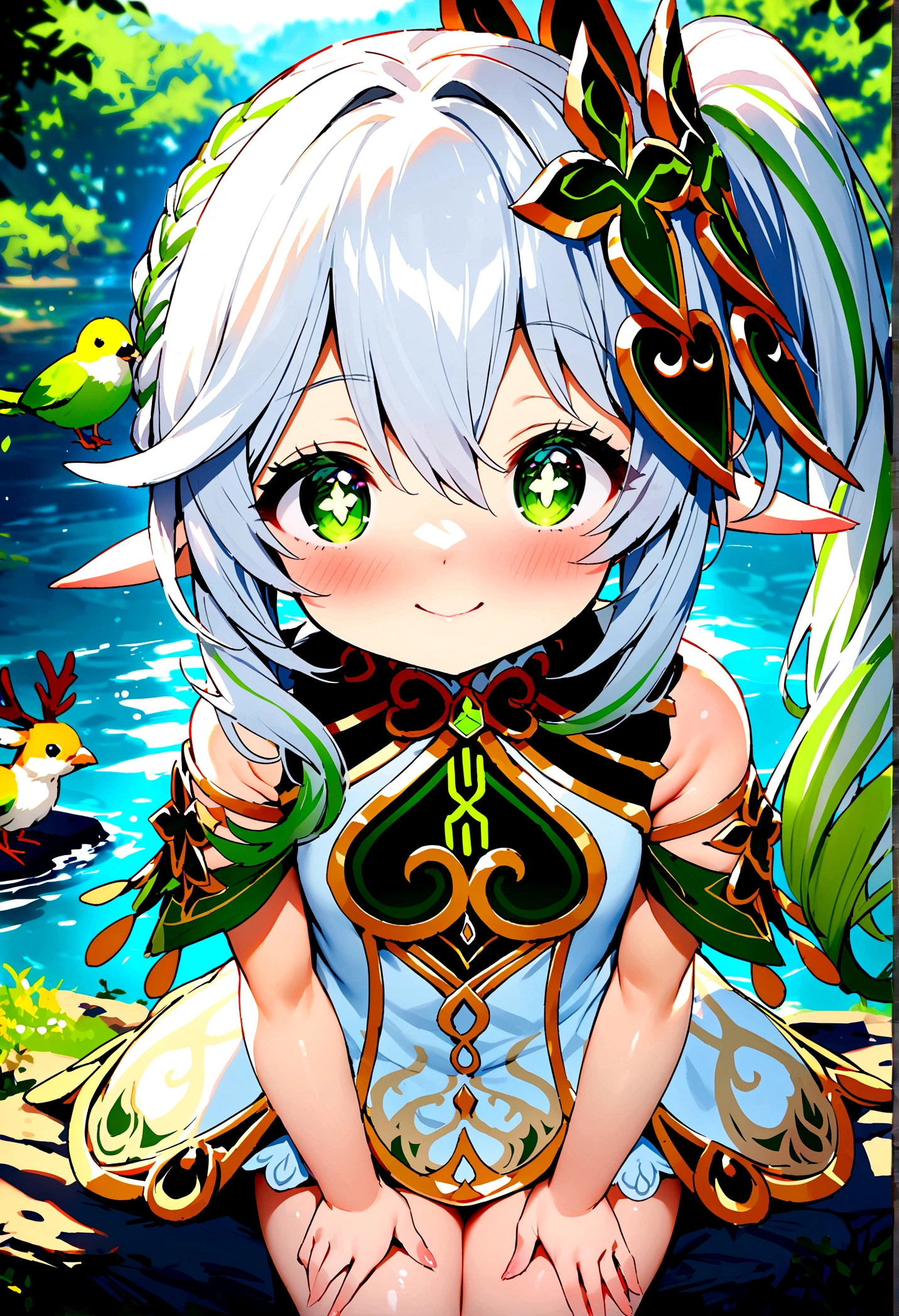 NSFW,masterpiece,Highest quality,High resolution,Super detailed,Nahida \(genshin impact\)、Green Eyes、dress、白いdress、Pointed Ears、Cruciform pupil、Symbol-shaped pupil、+ +、Side Ponytail、Long Hair、White Hair、Multicolored Hair、hair ornaments,blush,Expecting face,smile,in the forest,lake,Sitting,From above,birdie,deer