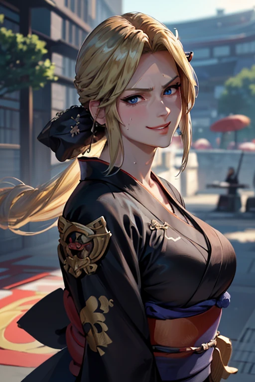 Masterpiece(woman,Huge , Very red lips highlighting huge breasts,Big Ass,Narrow waist,Long legs,Greenish blue eyes,Blonde ) 8K(Sweat flying:1.4 )8K(Heat rash:1.9 ) 8K(Gal:1.3) 8K(Staring at me:1.5) 8K(Anime Style,A floppy smile,What we are looking for,Face mischievous face,The facial expression is accurate:1.7) 8K(Anime Style,The facial expression is accurate) 8K(Wearing a black kimono:1.5) 8K(hairpin :1.3 ), 8K(Focus on the face:1.5)
