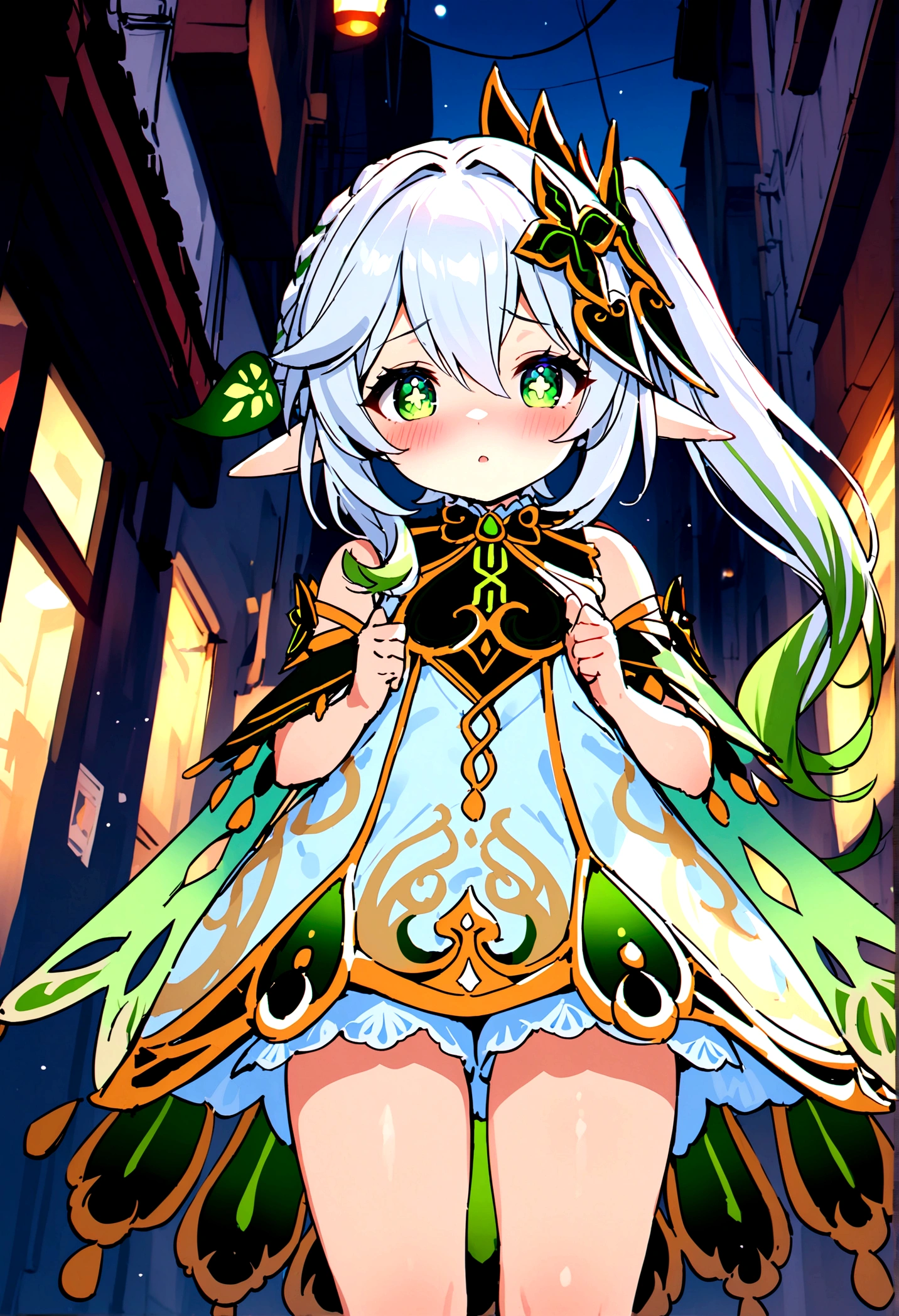 NSFW,masterpiece,Highest quality,High resolution,Super detailed,Nahida \(genshin impact\)、Green Eyes、dress、白いセクシーdress、Pointed Ears、Cruciform pupil、Symbol-shaped pupil、+ +、Side Ponytail、Long Hair、White Hair、Multicolored Hair、hair ornaments,Expose,blush,Expecting face,Night in the city,Alley