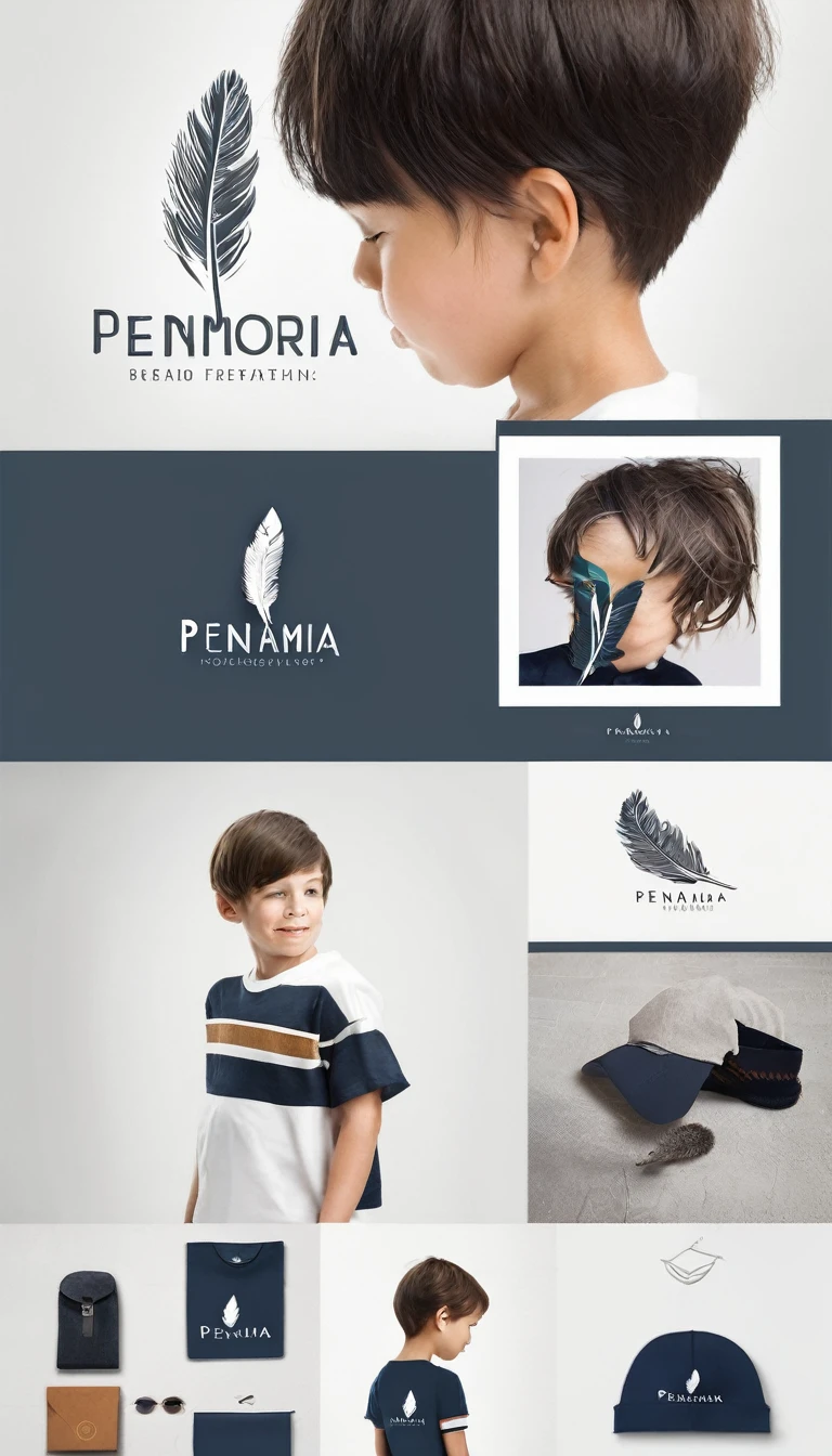 Create a minimal, modern, simple, inspirational, memorable, dream like logo design of a boy and a feather for the brand “Penamemoria".
