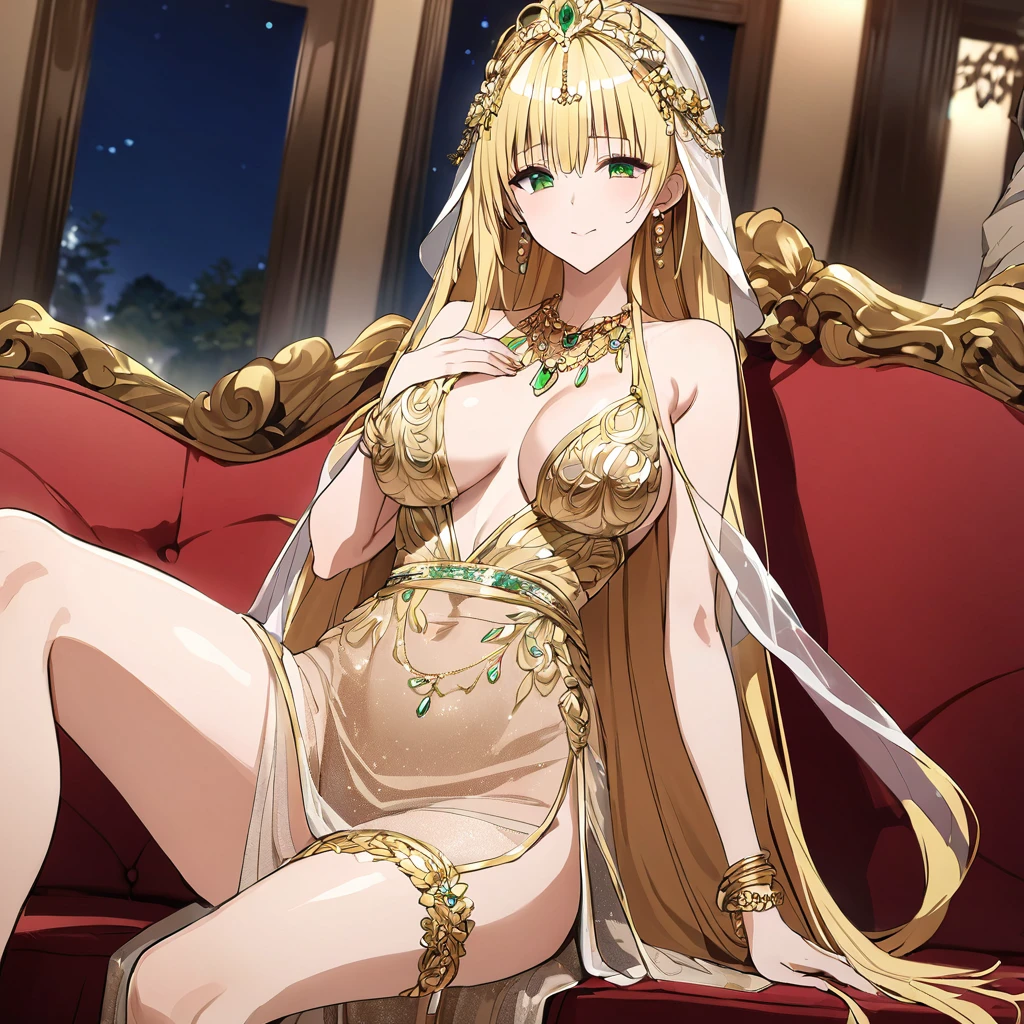 ((Highest quality)), ((masterpiece)), (detailed), (Perfect Face)、The woman was a tiare with green eyes and medium-long blonde hair, and was wearing a luxurious, shiny, gold-colored, long-slit see-through dress with gorgeous embroidery and trim, which allowed her skin to show through, a gold-colored see-through cape, and a gold-colored see-through veil. She was wearing a gorgeous jeweled hair accessory, a jeweled head dress chain, a jeweled waist chain, a gorgeous necklace, bracelets, ankle bracelets, jeweled earrings, and shiny gold boots. She was also wearing an engagement ring.、The woman is sitting on a luxurious sofa in a luxurious room with her 16-year-old daughter and a man, enjoying a family gathering.、The man is a dignified, bearded, elderly man of great wealth, wearing luxurious clothing with gold embroidery and trim.、The , who resembles the woman, is wearing the same clothes as the woman and hugging her mother.