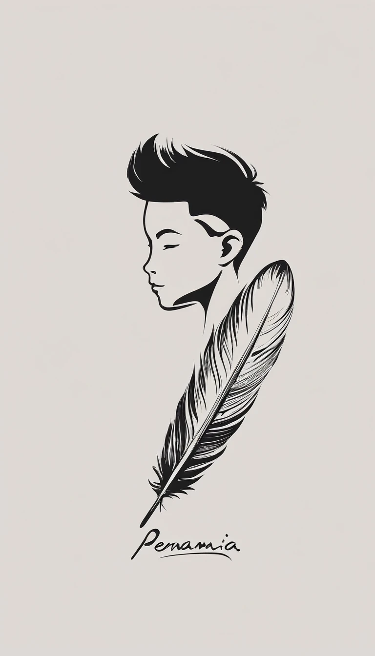 A minimalist, fantastic, poetic, dreamy, captivating, memorable, masterpiece, modern, simple logo design of a boy and a feather for the brand “Penamemoria". The logo must convey a sense of music, stories and dreams. Minimalistic logo design of a boy and a feather.