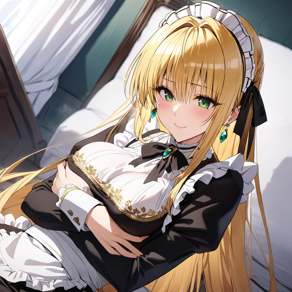 The luxurious and high-class Victorian maid outfit is evenly decorated with gorgeous gold embroidery and edging, and the blouse, apron, and headband also have gorgeous gold embroidery and edging.、((Highest quality)), ((masterpiece)), (detailed), (Perfect Face)、The woman is Tierre, with green eyes, medium-long blonde hair, a Victorian maid outfit and maid headband, jeweled earrings, and an engagement ring.、The woman is smiling fondly in a luxurious room、The Victorian maid uniform is a calm, old-fashioned type with long sleeves and a long skirt, decorated with luxurious gold embroidery and edging.、The woman holds her baby daughter in her arms