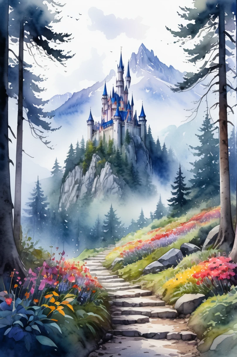 picture of small path in the misty dark tall tree forest leading to distant holy and magical forest, (watercolor), the ground is rich of vibrant colorful flower, wet on wet,  loose watercolor, with mystical mountain landscape on the background, ultra high resolution, 8k , there is a gothic horror style castle on the background on top of the mountain, isolated, surrounded with with solid white background, #Slider, ((lora:add-detail-xl:2))