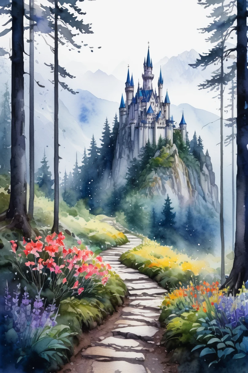 picture of small path in the misty dark tall tree forest leading to distant holy and magical forest, (watercolor), the ground is rich of vibrant colorful flower, wet on wet,  loose watercolor, with mystical mountain landscape on the background, ultra high resolution, 8k , there is a gothic horror style castle on the background on top of the mountain, isolated, surrounded with with solid white background, #Slider, ((lora:add-detail-xl:2))