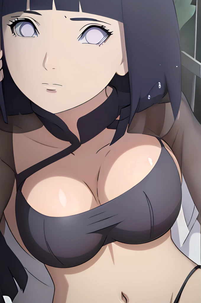 masterpiece, (intricate details), (colorful),cinematic lighting,extremely detailed CG unity 8k wallpaper ,hinata\(boruto\), 1girl,solo, large breasts, (hinata, hyuuga hinata, purple eyes, blunt bangs, black hair) big breasts, perfect breasts, large breasts, round breasts, huge breasts, black bra, bikini top, cleavage, bare shoulders, collarbone, underboob, close shot, portrait, headshot, white backdrop, perfect eyes, glowing eyes, beautiful eyes, black background, top of head