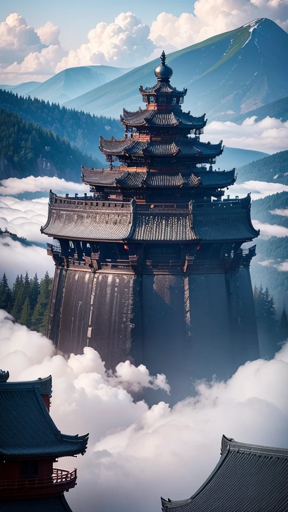 dark stormy clouds，Covered with snow，Rizhao Jinshan，The top of the mountain looks down on all living beings，ancient buildings of China，Temple，Maple Grove，Shakyamuni imagined，High detail，lightand shade contrast，hyper HD，tmasterpiece，winning artwork，Best quality at best，A high resolution，16k