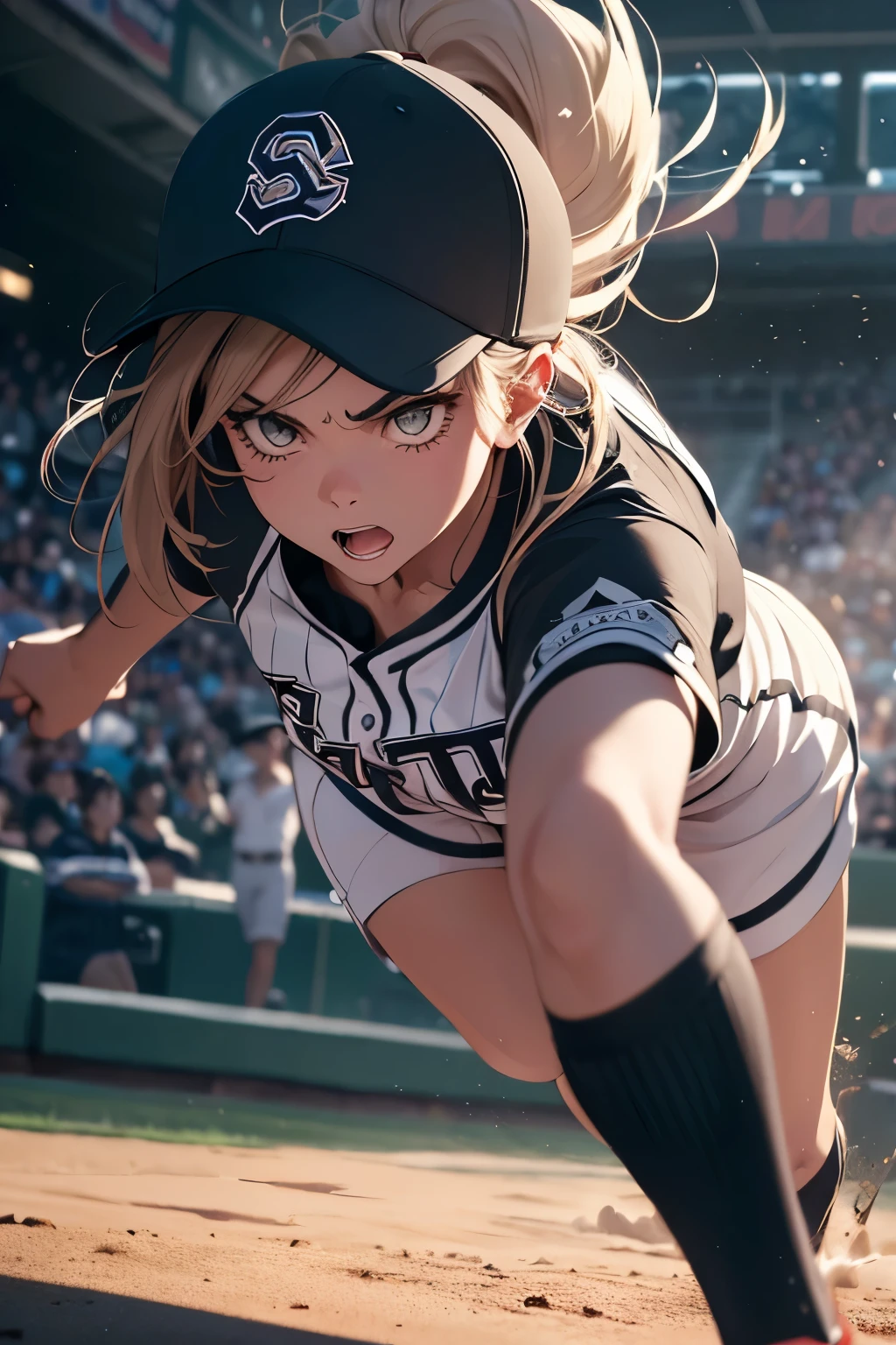 a girl hitting a baseball with a bat and angry facial expression,full body, wearing a hat, solo,1girl,baseball,detailed face,angry expression,detailed eyes,detailed lips,detailed nose,detailed ears,detailed hair,sports uniform,baseball cap,dynamic pose,motion blur,high contrast,cinematic lighting,dramatic shadows,vibrant colors,photorealistic,hyper detailed,(best quality,4k,8k,highres,masterpiece:1.2),ultra-detailed,(realistic,photorealistic,photo-realistic:1.37)