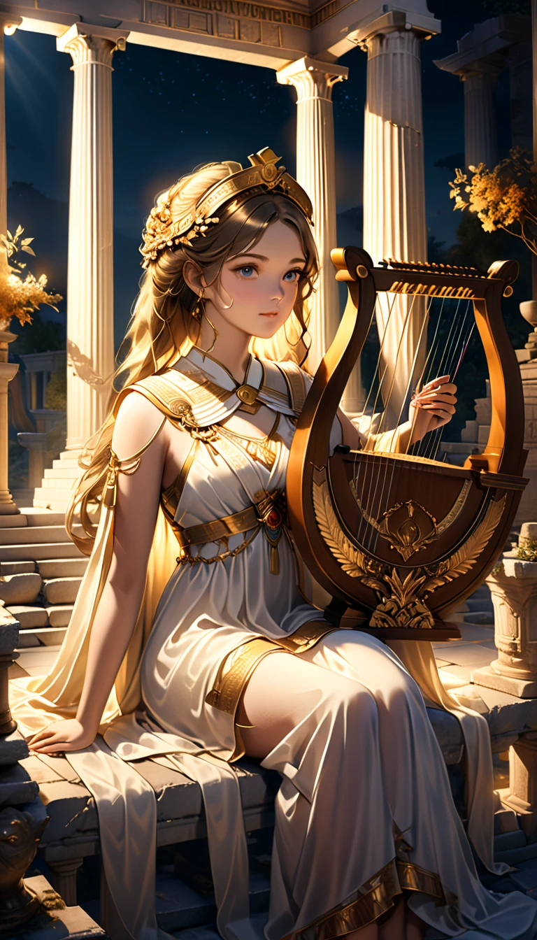 a young priestess, sitting, playing a large lyre, ancient Greek temple, late at night, highly detailed, photorealistic, realistic lighting, intricate architecture, ornate decorations, warm color palette, golden accents, soft fabric textures, mesmerizing expression, elegant pose, cinematic composition, volumetric lighting, realistic shadows, mystical atmosphere, hyperrealistic, award-winning art