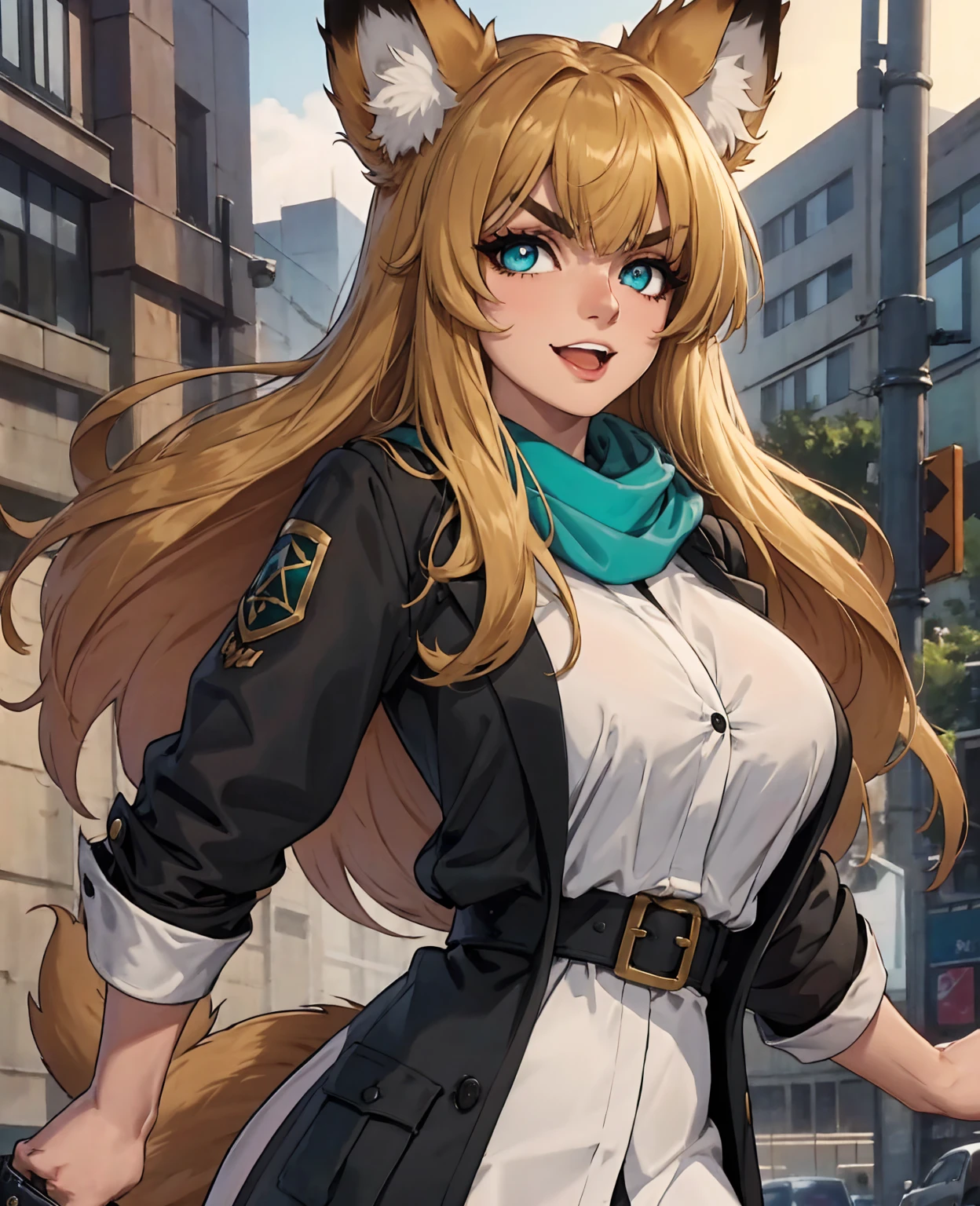 1girl, animal ear fluff, animal ears, aqua eyes, bangs, black coat, breasts, buttons, coat, crossed arms, fox ears, fox girl, highres, large breasts, long hair, looking at viewer, open mouth, partially unbuttoned, road, scarf, shirt, short eyebrows, smile, solo, standing, street, tail, thick eyebrows, upper body, white shirt, from below